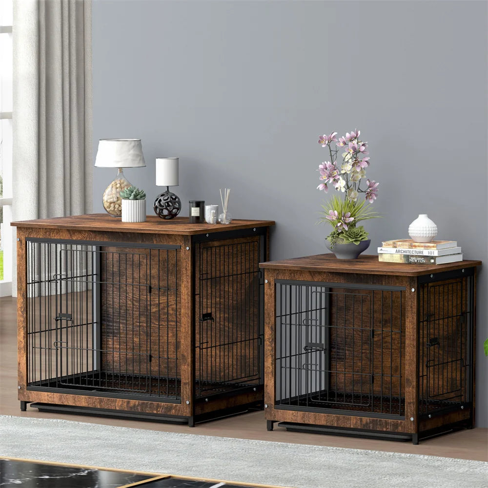 BORWARTH Elevated Wooden Dog Crate End Table With Double Door And Removable Tray