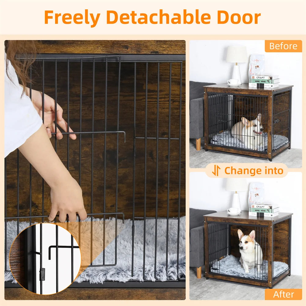 BORWARTH Elevated Wooden Dog Crate End Table With Double Door And Removable Tray