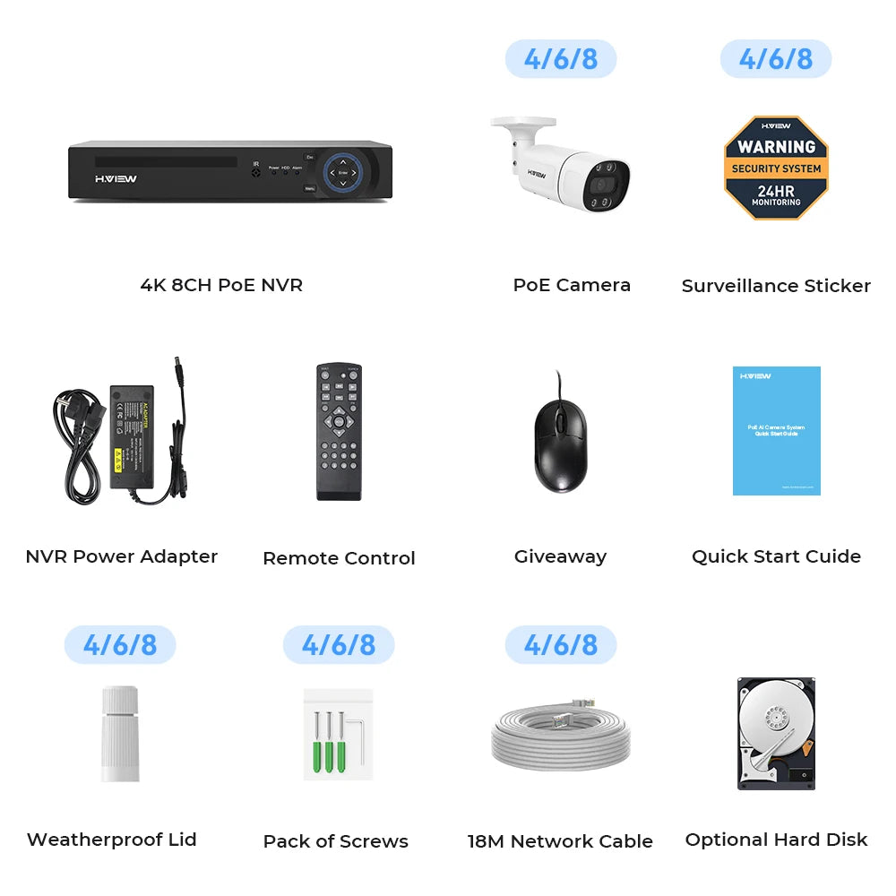 H.VIEW 4K 5MP 8MP PoE CCTV Security Camera System Kit
