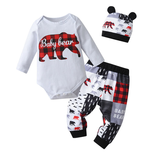 Newborn Baby Boy Bear Print Clothes Set Romper Top Pants Hat Outfit