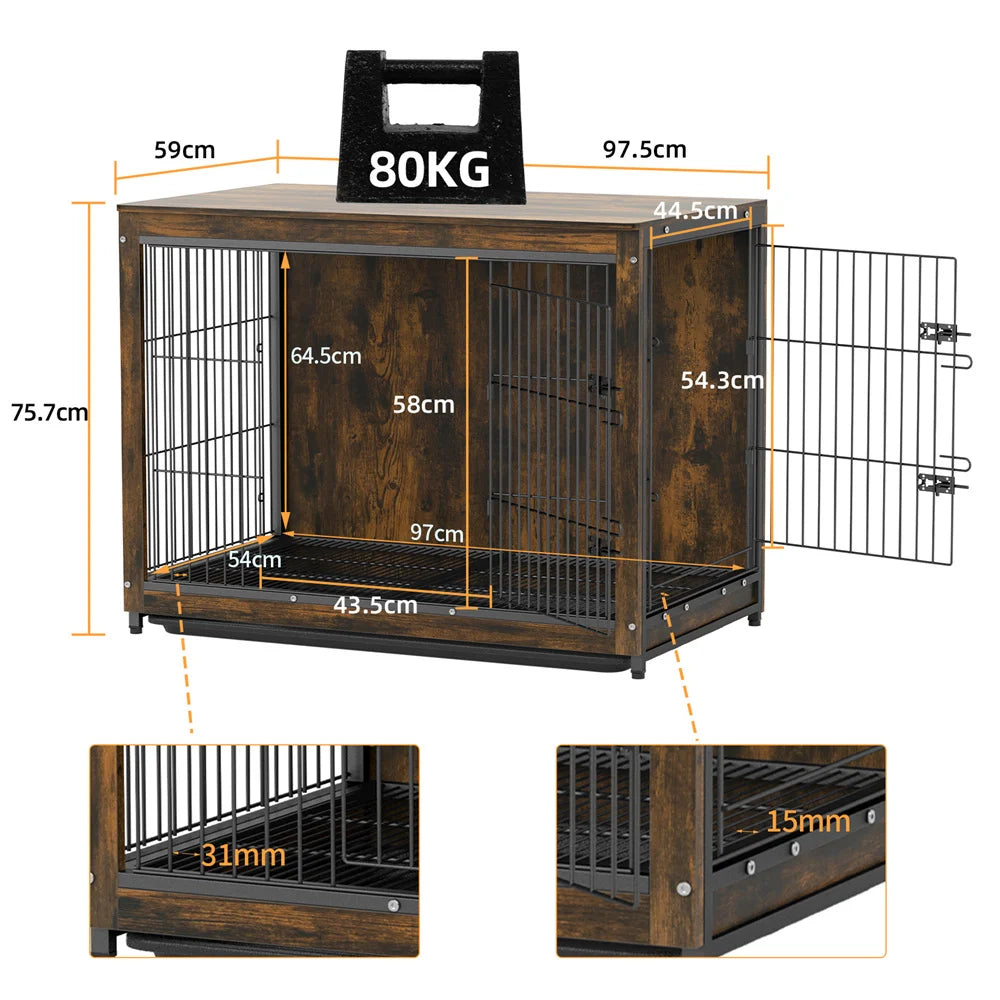 BORWARTH Elevated Wooden Dog Crate End Table With Double Door And Removable Tray