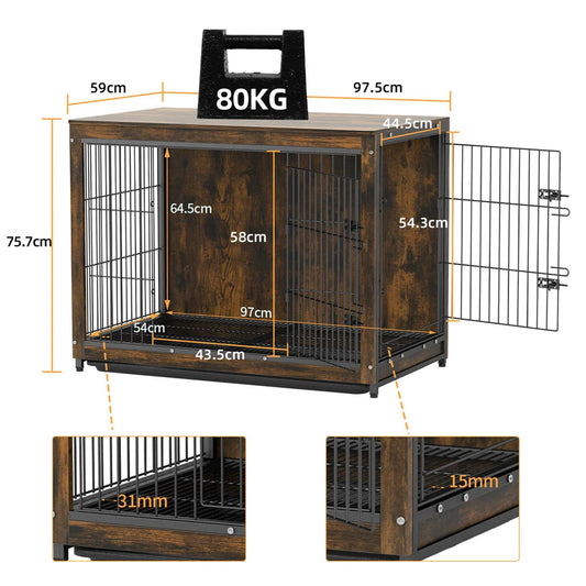 BORWARTH Elevated Wooden Dog Crate End Table With Double Door And Removable Tray