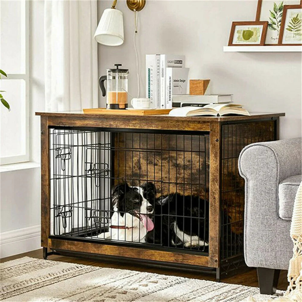 BORWARTH Elevated Wooden Dog Crate End Table With Double Door And Removable Tray